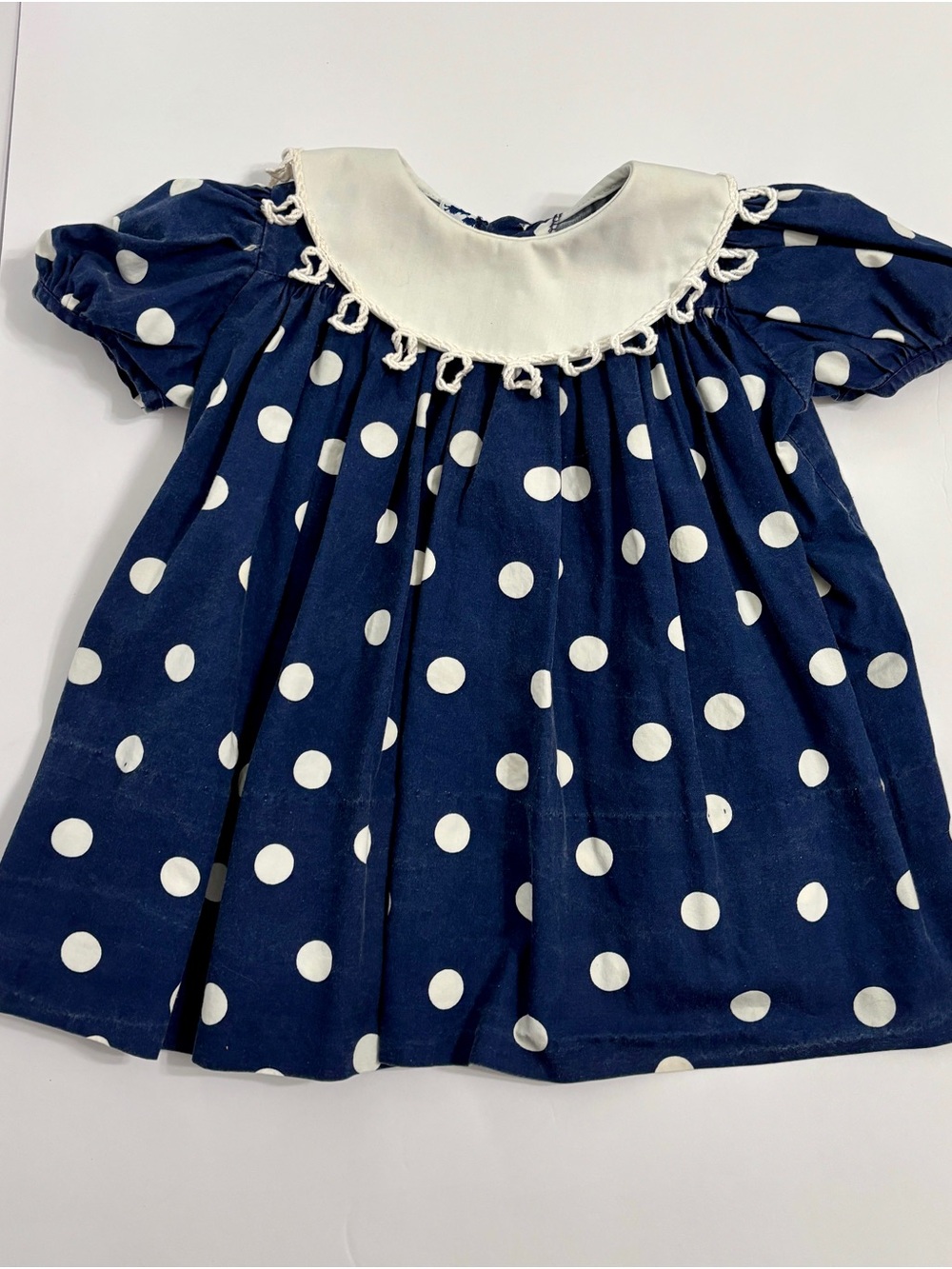 Vintage Mondays Child Dress 24 Months Polka Dot Peter Pan Collar Navy Blue USA⁠